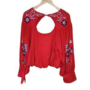 Free People red Lita Floral Embroidered Balloon Sleeve Cropped Top womens size L